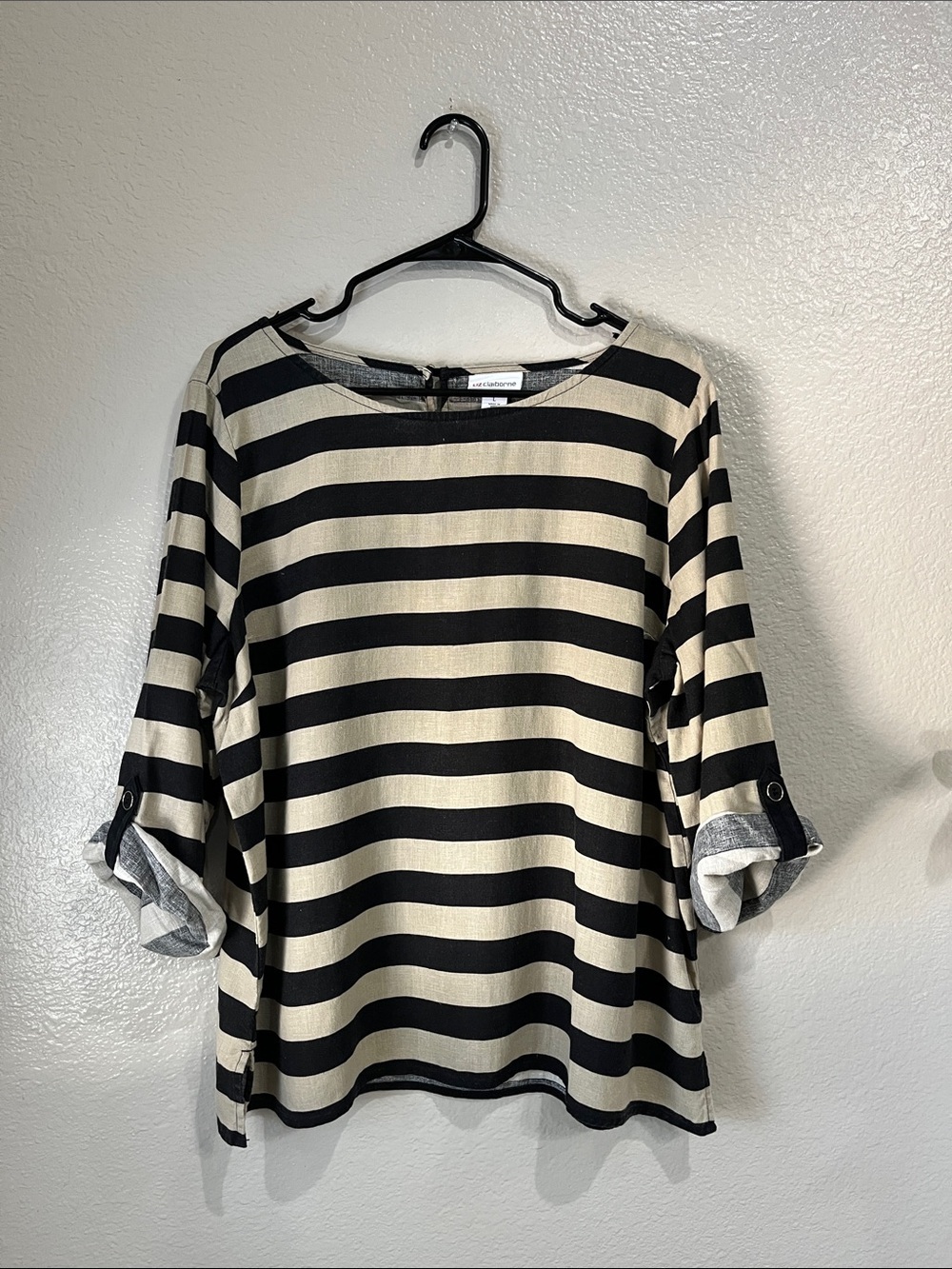 Liz Claiborne Black Cream Striped Boatneck Tunic Sz L Linen Blend Vacay Chic